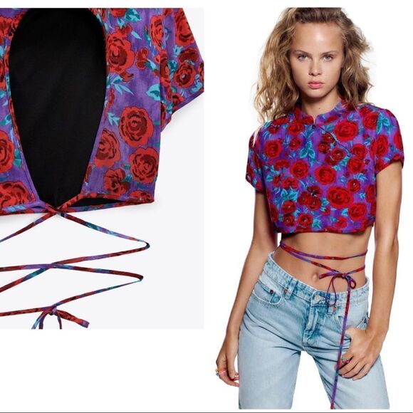 Zara round neck floral rose crop top short sleeve Sz S purple red blue NWT - Picture 3 of 10